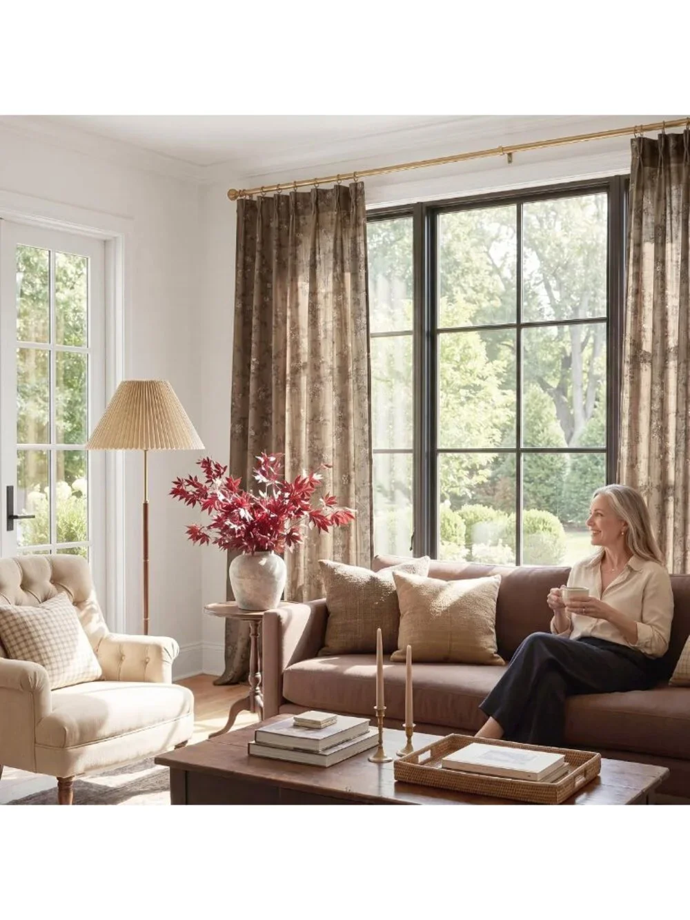 Elegant Brown Linen Pinch Pleat Curtains | Floral Fall Home Decor 96